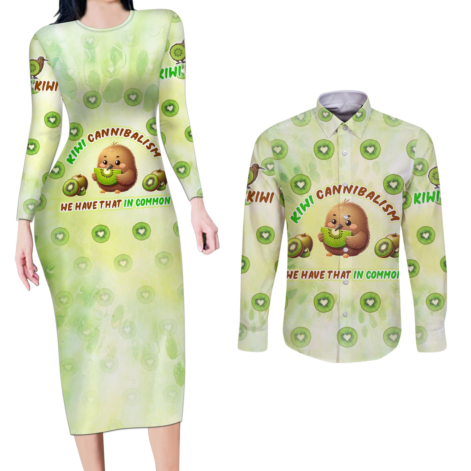 Kiwi Cannibalism Couples Matching Long Sleeve Bodycon Dress and Long Sleeve Button Shirt New Zealand Kiwi Cute Bird Funny