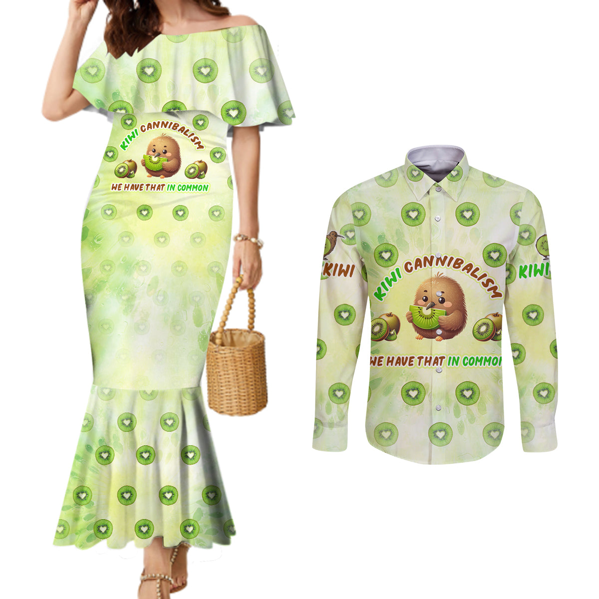 Kiwi Cannibalism Couples Matching Mermaid Dress and Long Sleeve Button Shirt New Zealand Kiwi Cute Bird Funny