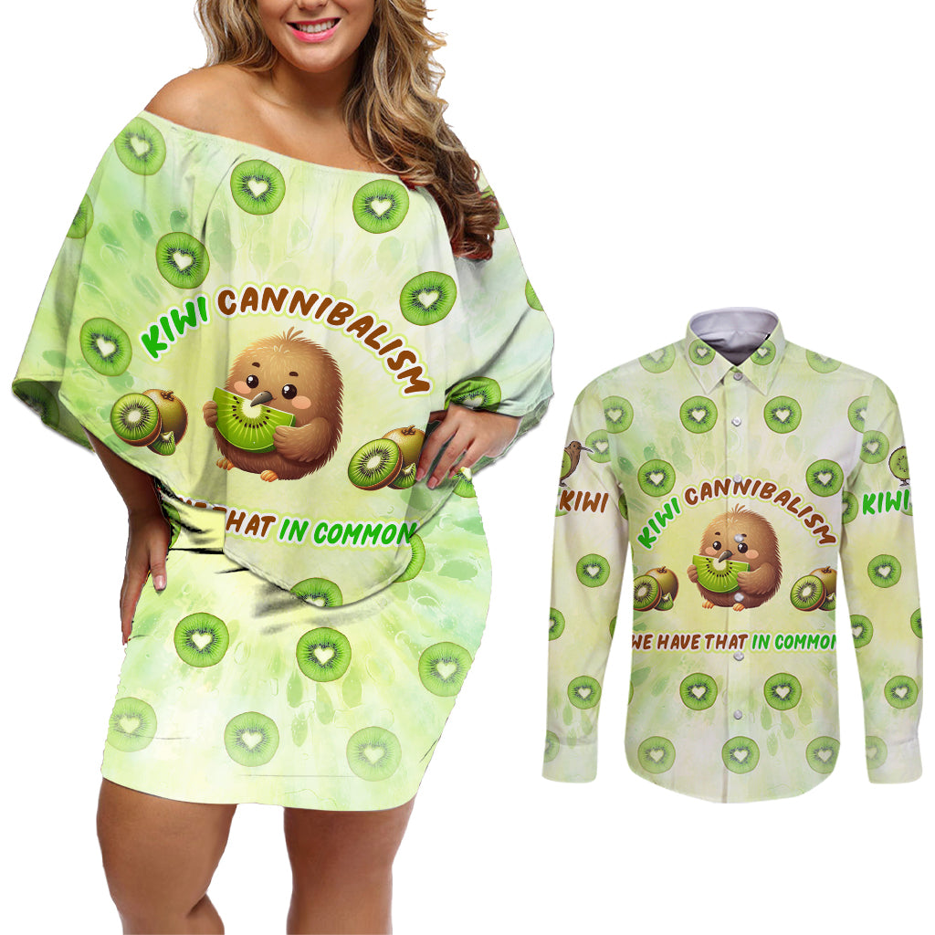 Kiwi Cannibalism Couples Matching Off Shoulder Short Dress and Long Sleeve Button Shirt New Zealand Kiwi Cute Bird Funny