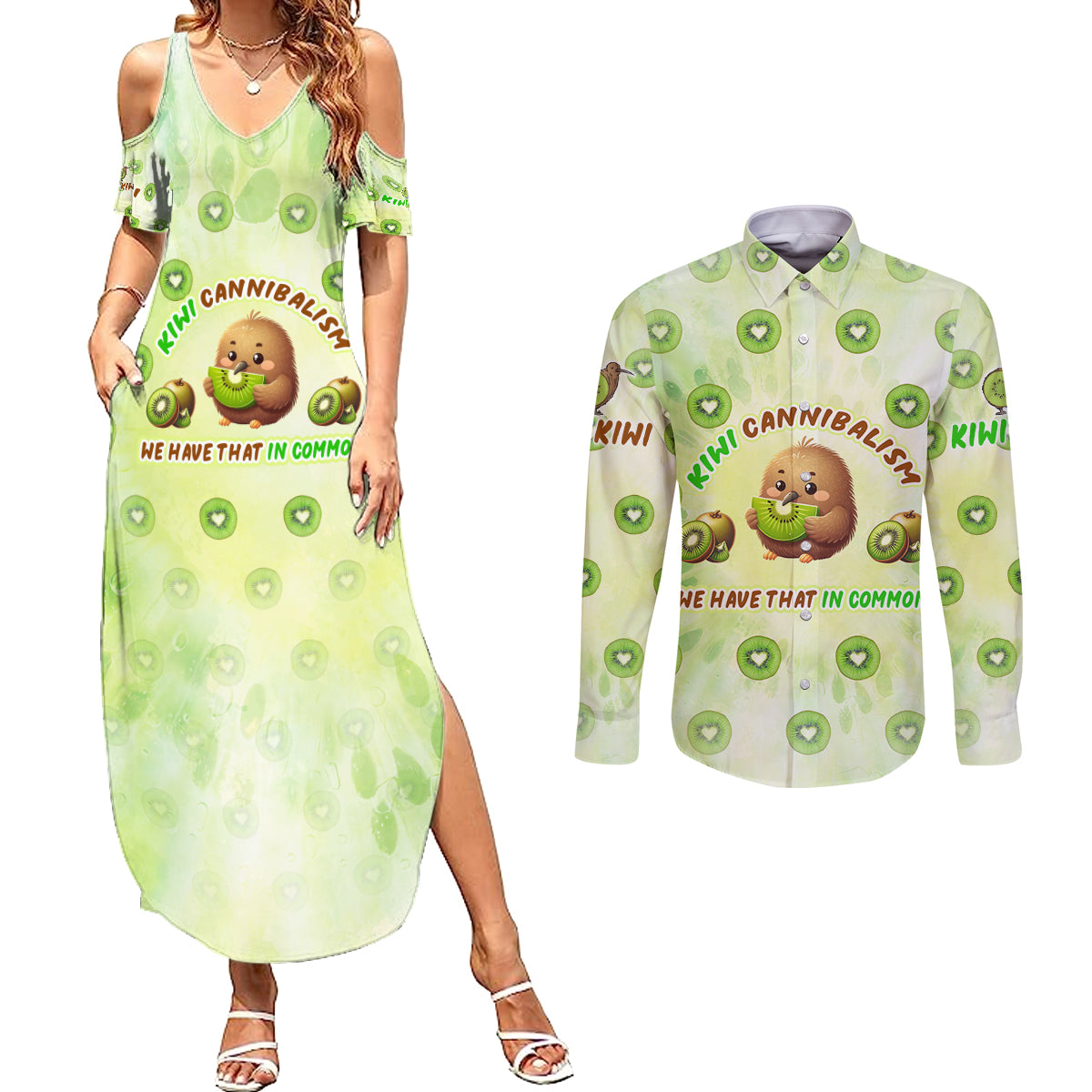 Kiwi Cannibalism Couples Matching Summer Maxi Dress and Long Sleeve Button Shirt New Zealand Kiwi Cute Bird Funny