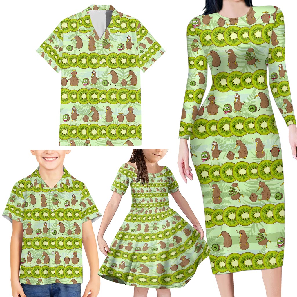 New Zealand Kiwi Fruit Witty Kiwi Bird Family Matching Long Sleeve Bodycon Dress and Hawaiian Shirt