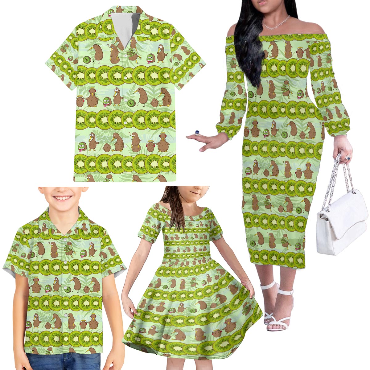 New Zealand Kiwi Fruit Witty Kiwi Bird Family Matching Off The Shoulder Long Sleeve Dress and Hawaiian Shirt