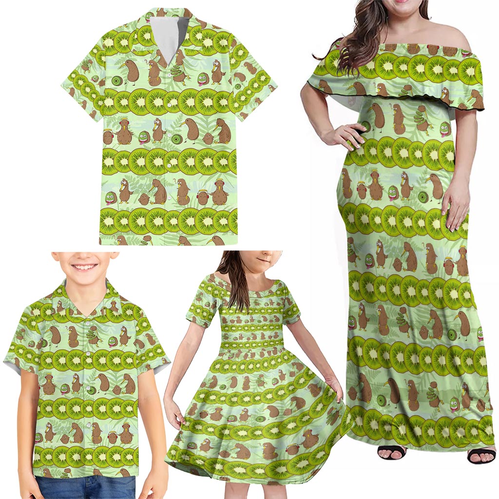 New Zealand Kiwi Fruit Witty Kiwi Bird Family Matching Off Shoulder Maxi Dress and Hawaiian Shirt