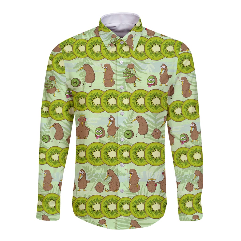 New Zealand Kiwi Fruit Witty Kiwi Bird Long Sleeve Button Shirt DT02 Unisex Green - Polynesian Pride