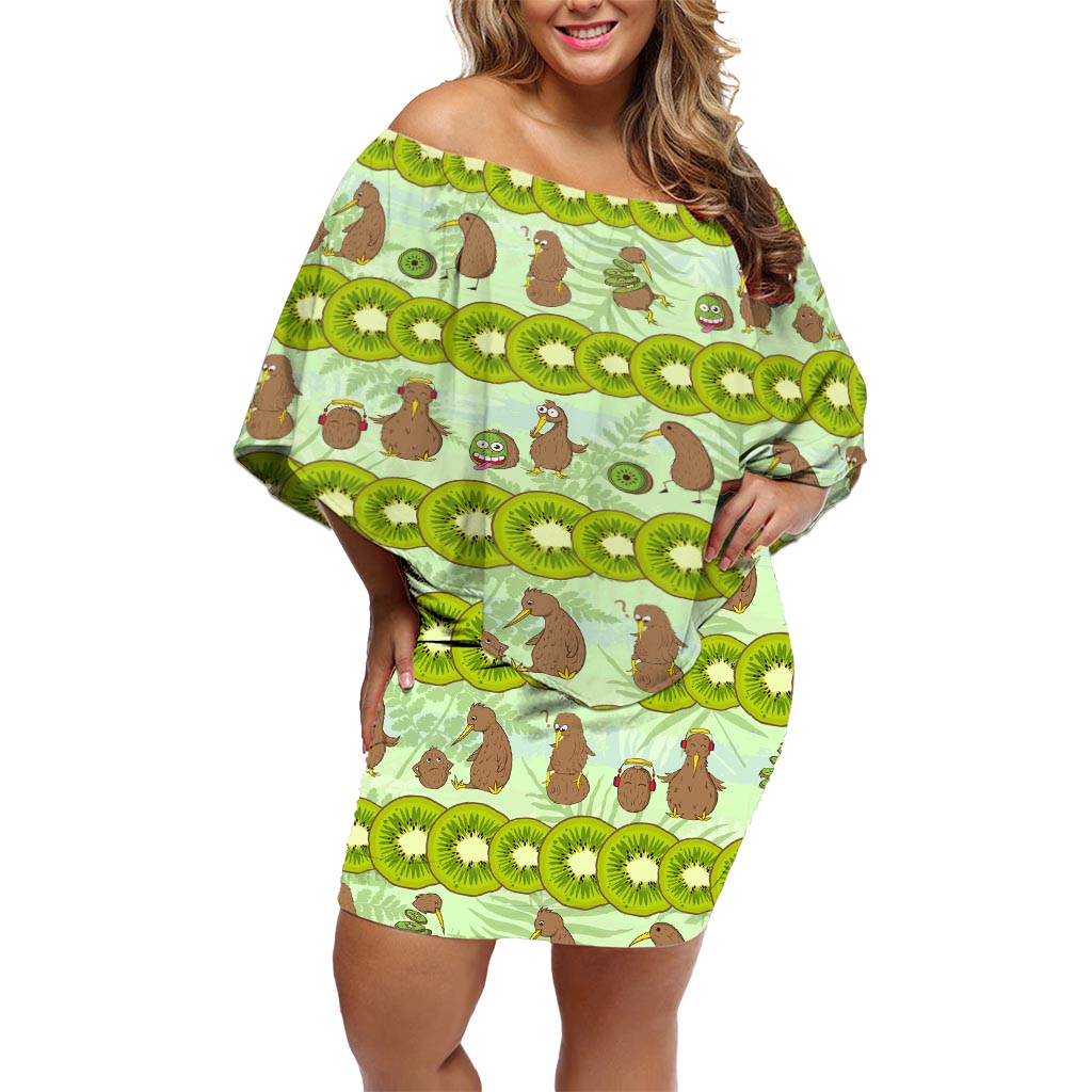 New Zealand Kiwi Fruit Witty Kiwi Bird Off Shoulder Short Dress DT02 Women Green - Polynesian Pride