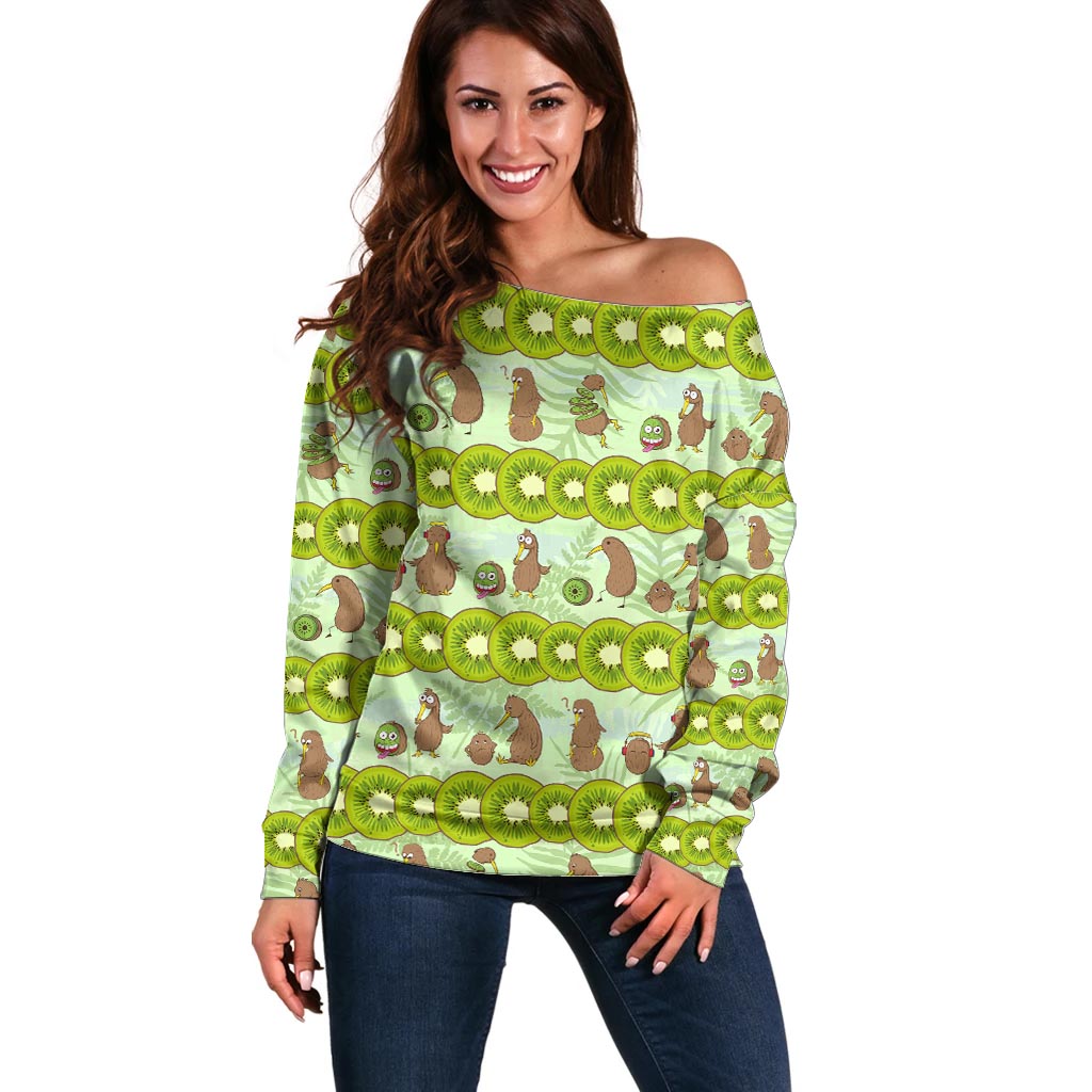 New Zealand Kiwi Fruit Witty Kiwi Bird Off Shoulder Sweater DT02 Women Green - Polynesian Pride