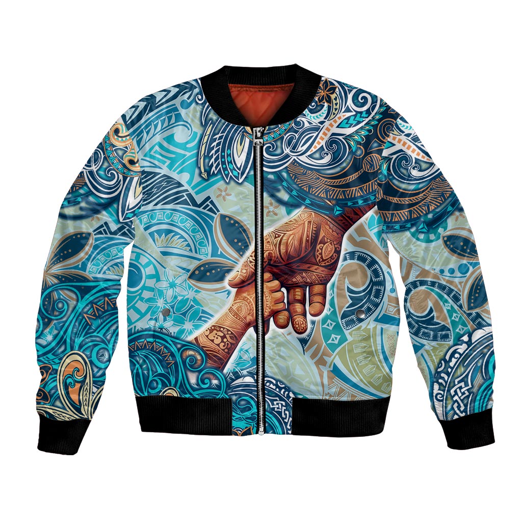 Hand In Hand Father's Day Polynesian Bomber Jacket Tribal Flower Pattern DT02 Unisex Blue - Polynesian Pride