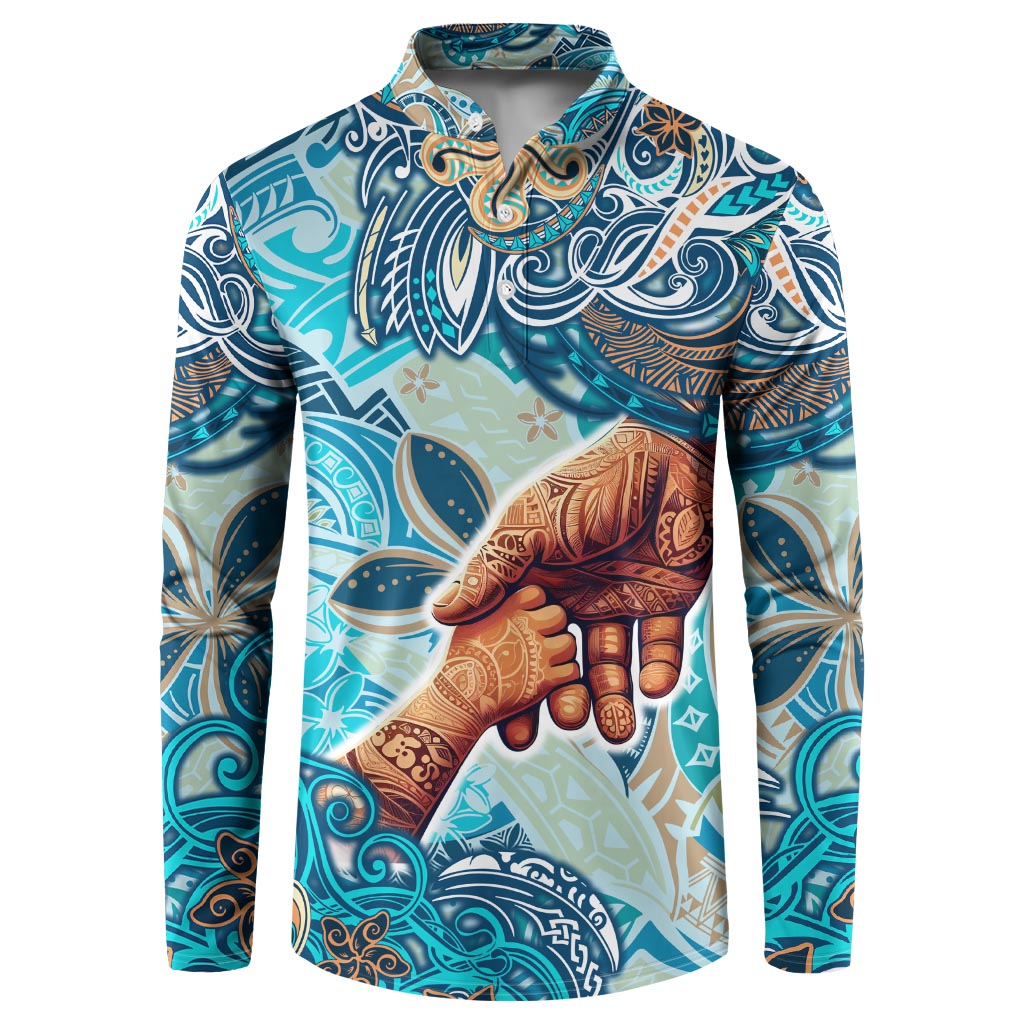 Hand In Hand Father's Day Polynesian Button Sweatshirt Tribal Flower Pattern DT02 Blue - Polynesian Pride