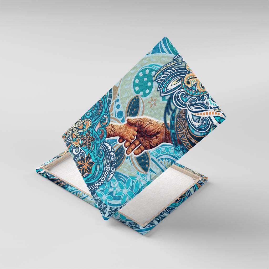 Hand In Hand Father's Day Polynesian Canvas Wall Art Tribal Flower Pattern DT02 With Frame Blue - Polynesian Pride