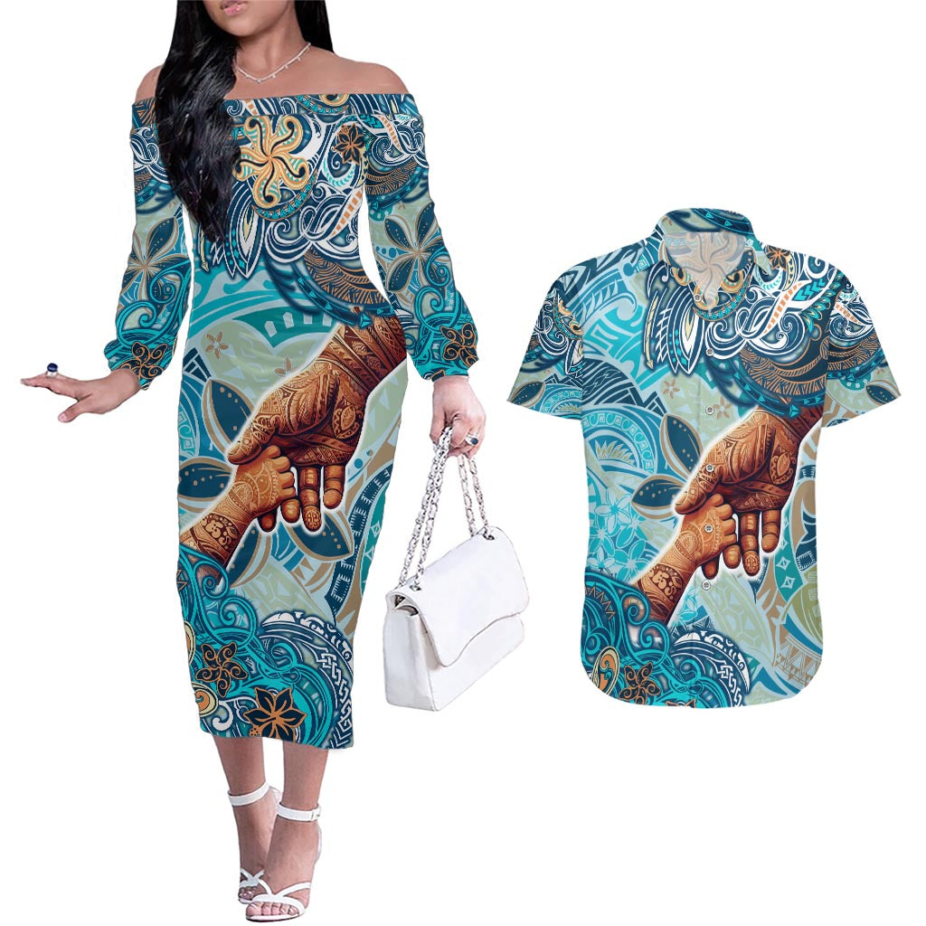 Hand In Hand Father's Day Polynesian Couples Matching Off The Shoulder Long Sleeve Dress and Hawaiian Shirt Tribal Flower Pattern