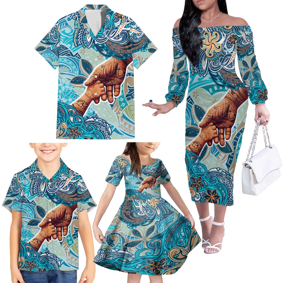 Hand In Hand Father's Day Polynesian Family Matching Off The Shoulder Long Sleeve Dress and Hawaiian Shirt Tribal Flower Pattern