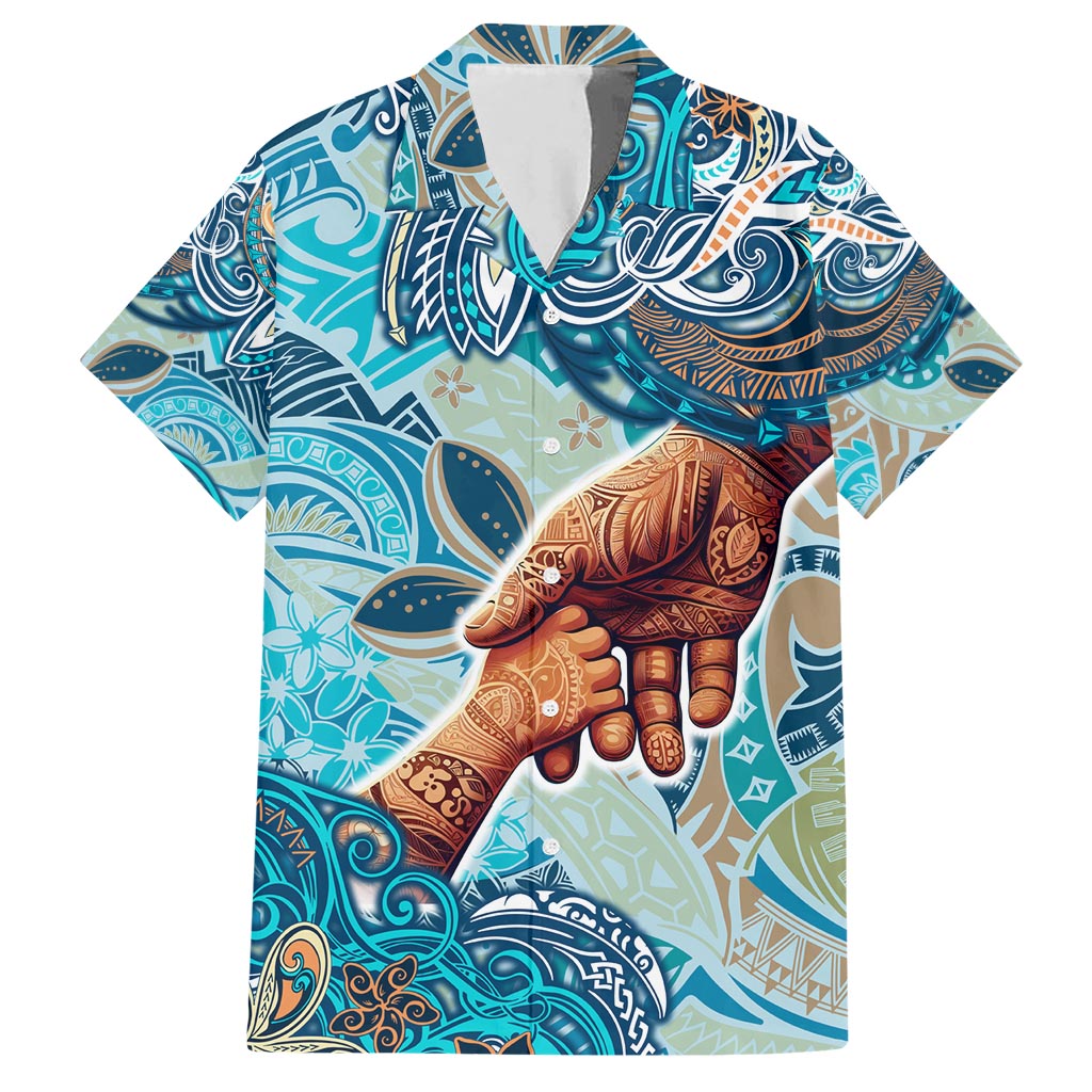 Hand In Hand Father's Day Polynesian Hawaiian Shirt Tribal Flower Pattern DT02 Blue - Polynesian Pride