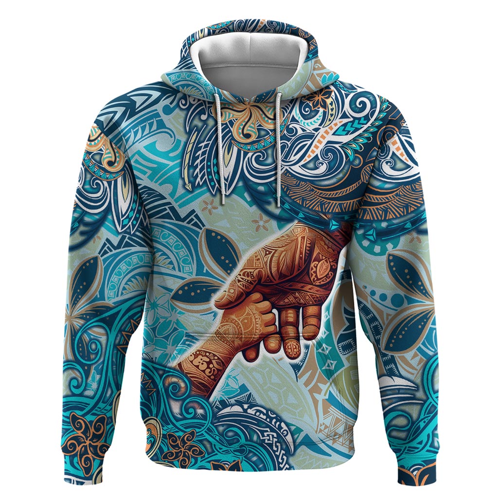Hand In Hand Father's Day Polynesian Hoodie Tribal Flower Pattern DT02 Pullover Hoodie Blue - Polynesian Pride
