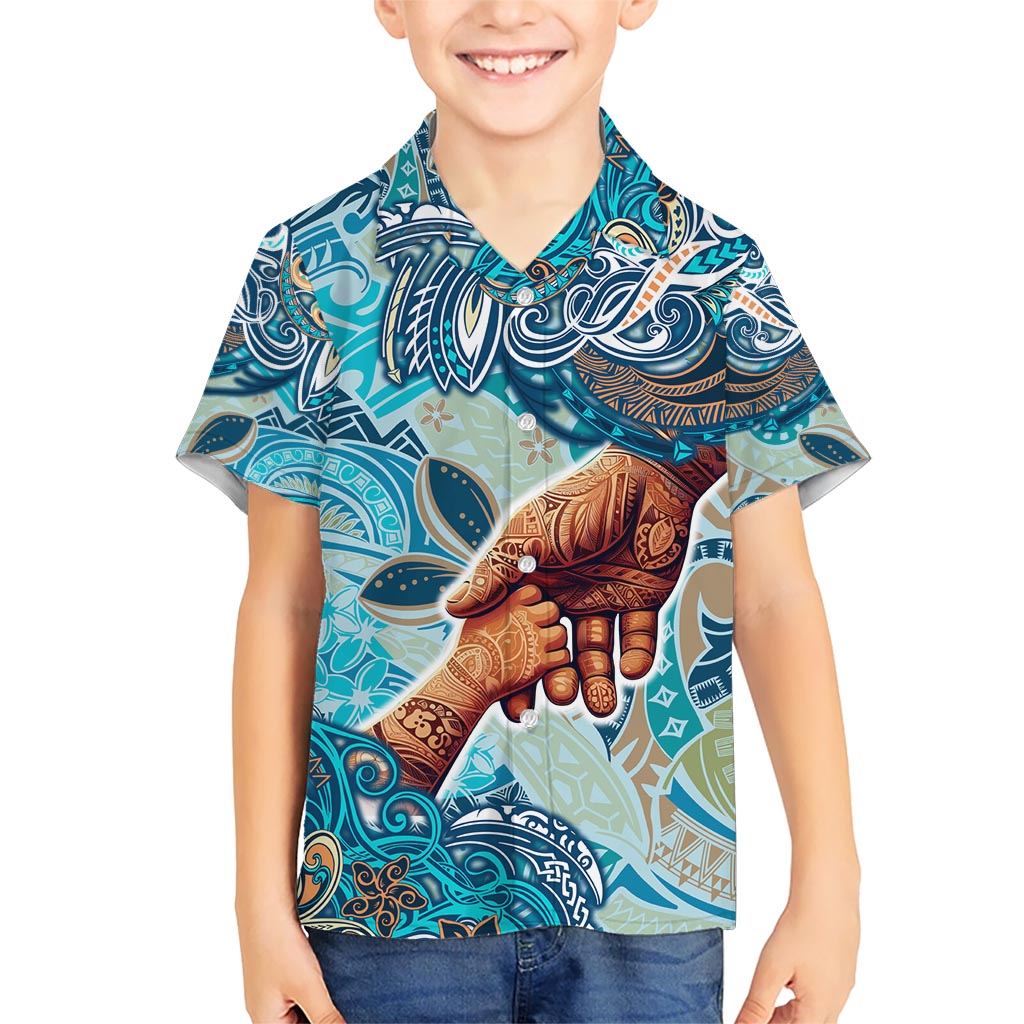 Hand In Hand Father's Day Polynesian Kid Hawaiian Shirt Tribal Flower Pattern DT02 Kid Blue - Polynesian Pride
