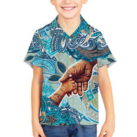 Hand In Hand Father's Day Polynesian Kid Hawaiian Shirt Tribal Flower Pattern DT02 Kid Blue - Polynesian Pride