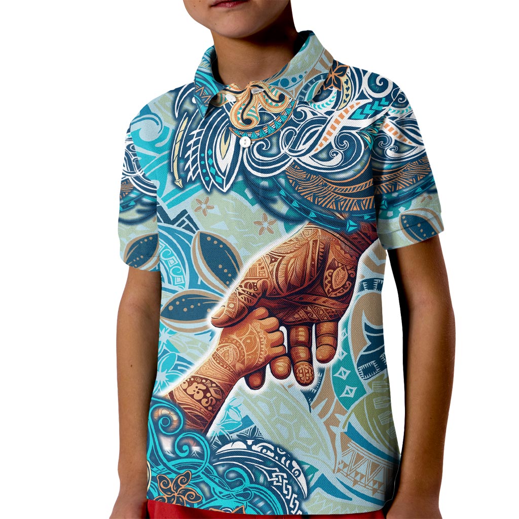 Hand In Hand Father's Day Polynesian Kid Polo Shirt Tribal Flower Pattern DT02 Kid Blue - Polynesian Pride