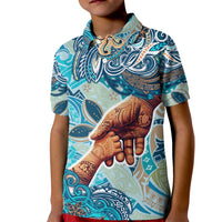 Hand In Hand Father's Day Polynesian Kid Polo Shirt Tribal Flower Pattern DT02 Kid Blue - Polynesian Pride