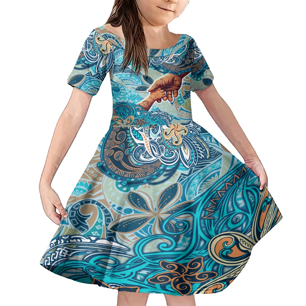 Hand In Hand Father's Day Polynesian Kid Short Sleeve Dress Tribal Flower Pattern DT02 KID Blue - Polynesian Pride