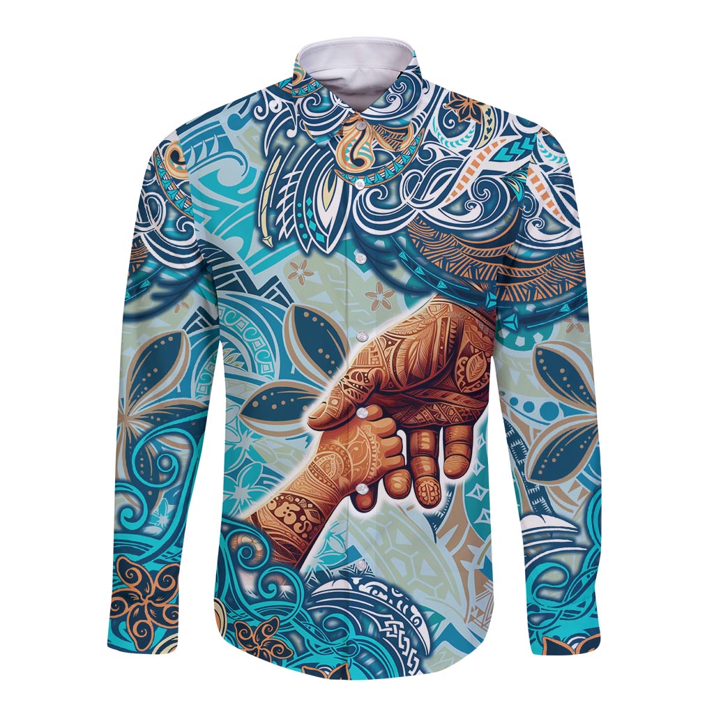 Hand In Hand Father's Day Polynesian Long Sleeve Button Shirt Tribal Flower Pattern DT02 Unisex Blue - Polynesian Pride