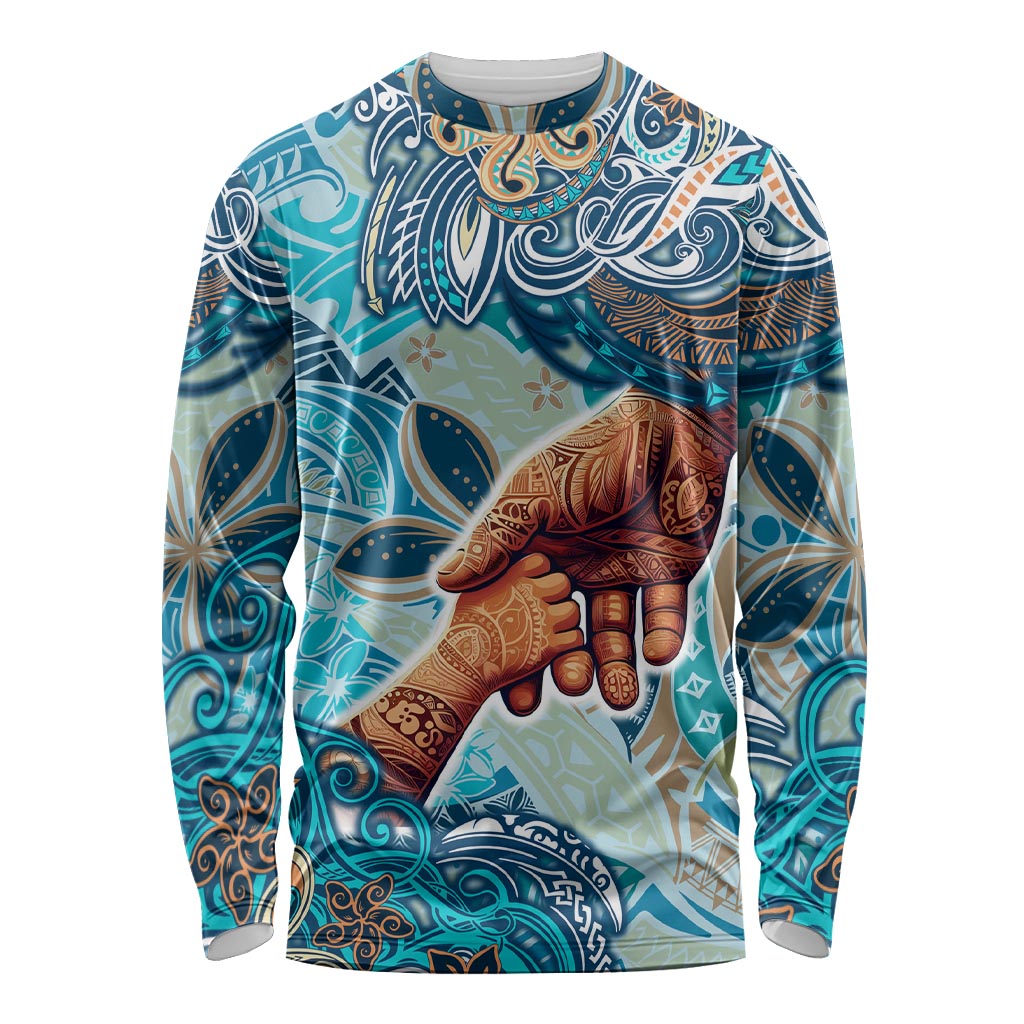 Hand In Hand Father's Day Polynesian Long Sleeve Shirt Tribal Flower Pattern DT02 Unisex Blue - Polynesian Pride