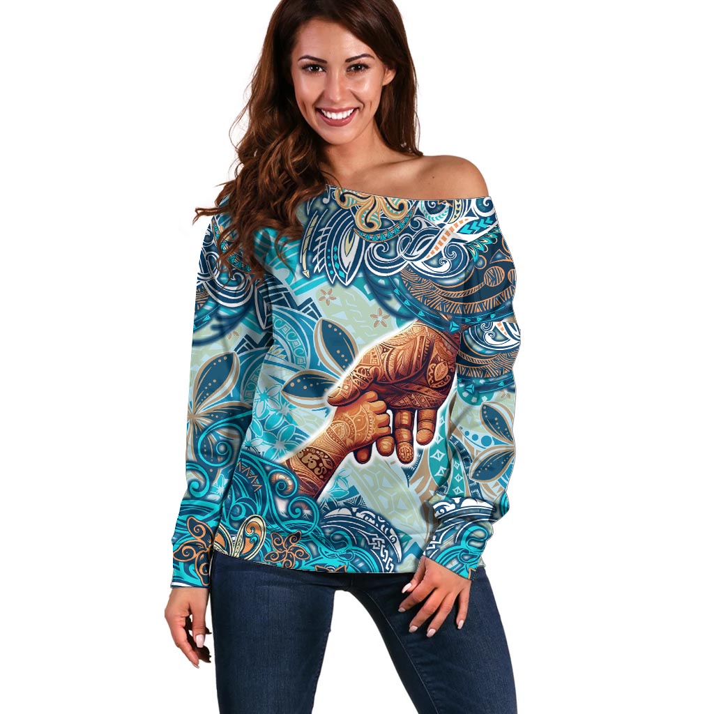 Hand In Hand Father's Day Polynesian Off Shoulder Sweater Tribal Flower Pattern DT02 Women Blue - Polynesian Pride