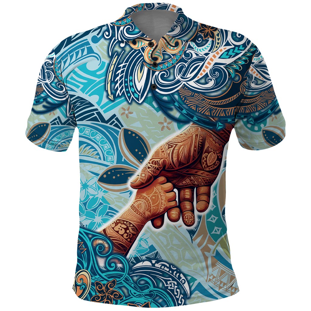 Hand In Hand Father's Day Polynesian Polo Shirt Tribal Flower Pattern DT02 Blue - Polynesian Pride