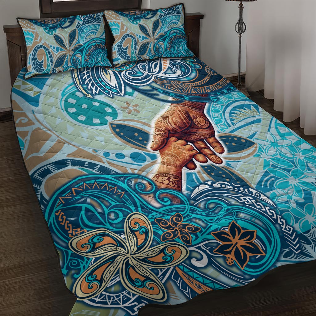 Hand In Hand Father's Day Polynesian Quilt Bed Set Tribal Flower Pattern DT02 Blue - Polynesian Pride