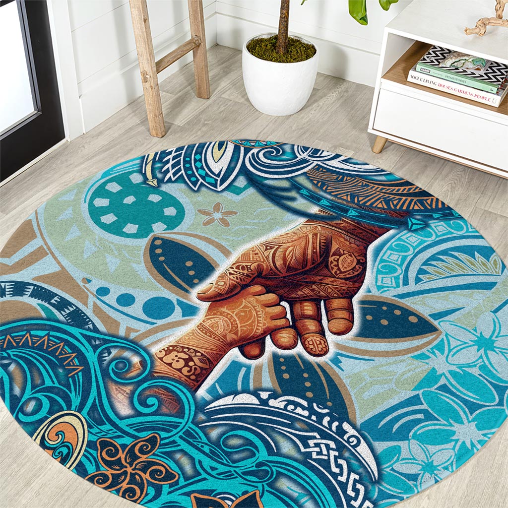 Hand In Hand Father's Day Polynesian Round Carpet Tribal Flower Pattern DT02 Blue - Polynesian Pride