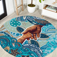 Hand In Hand Father's Day Polynesian Round Carpet Tribal Flower Pattern DT02 Blue - Polynesian Pride