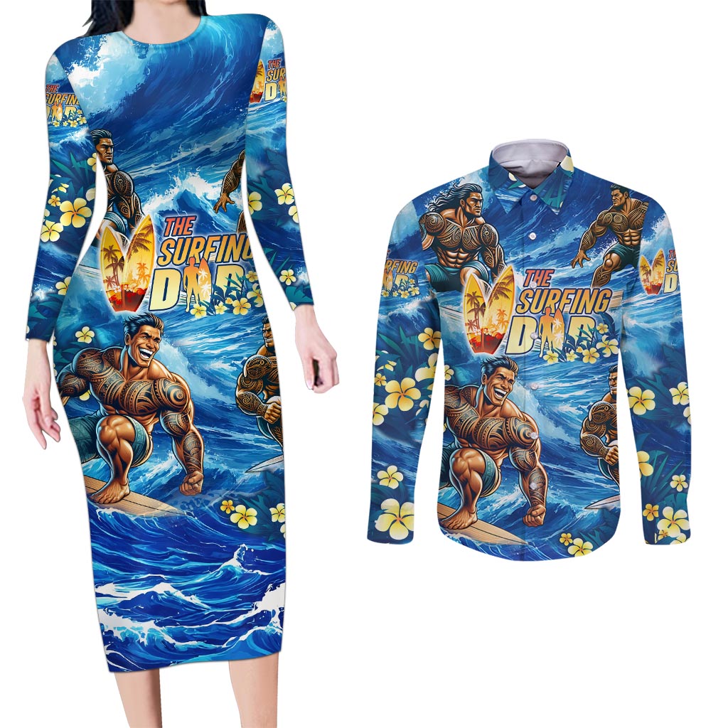 Hawaii Father's Day Couples Matching Long Sleeve Bodycon Dress and Long Sleeve Button Shirt The Surfing Dad Polynesian Tattoo