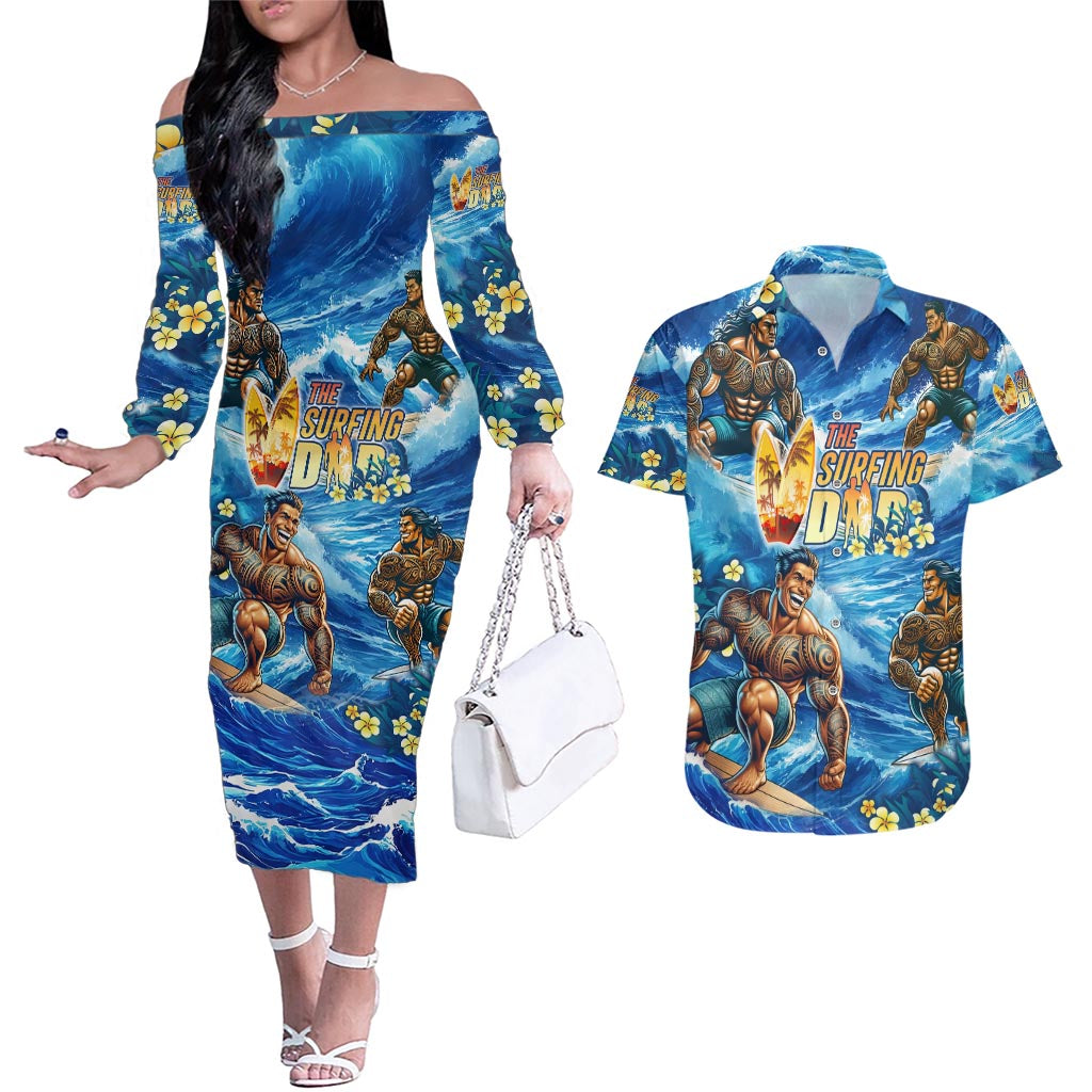 Hawaii Father's Day Couples Matching Off The Shoulder Long Sleeve Dress and Hawaiian Shirt The Surfing Dad Polynesian Tattoo