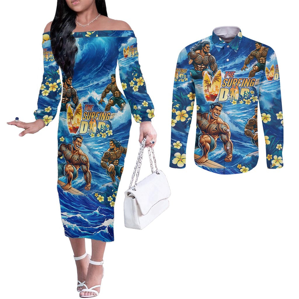 Hawaii Father's Day Couples Matching Off The Shoulder Long Sleeve Dress and Long Sleeve Button Shirt The Surfing Dad Polynesian Tattoo