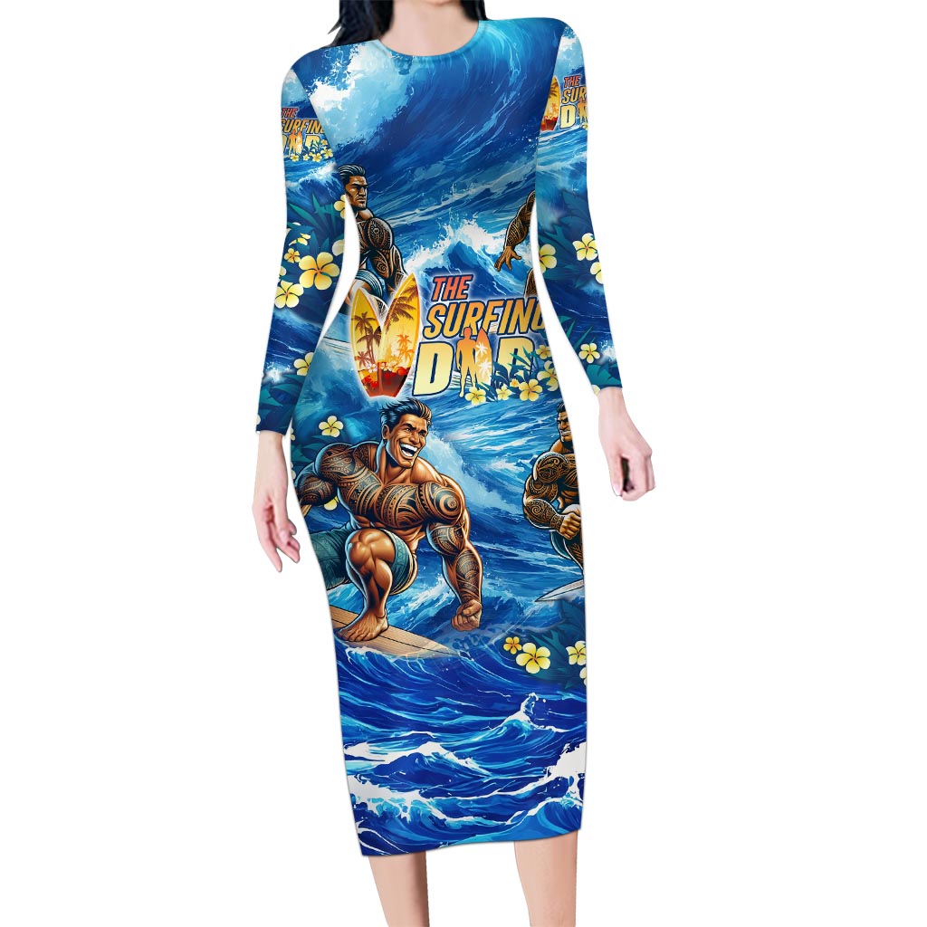 Hawaii Father's Day Long Sleeve Bodycon Dress The Surfing Dad Polynesian Tattoo