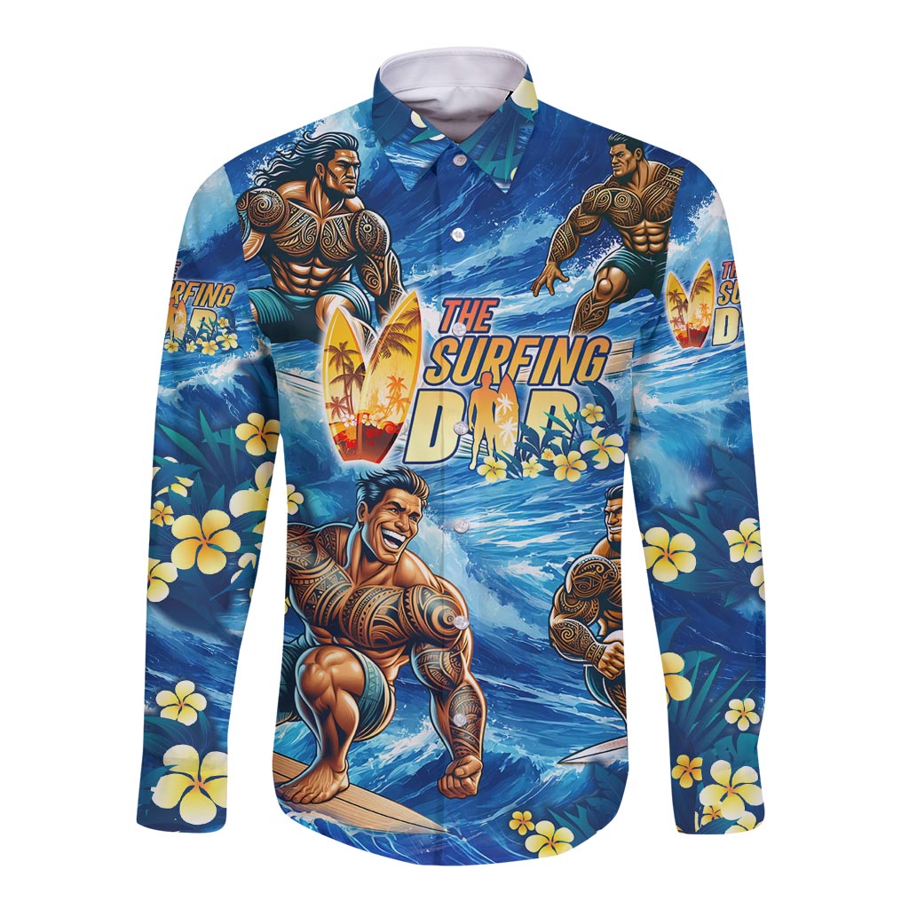 Hawaii Father's Day Long Sleeve Button Shirt The Surfing Dad Polynesian Tattoo DT02 Unisex Blue - Polynesian Pride