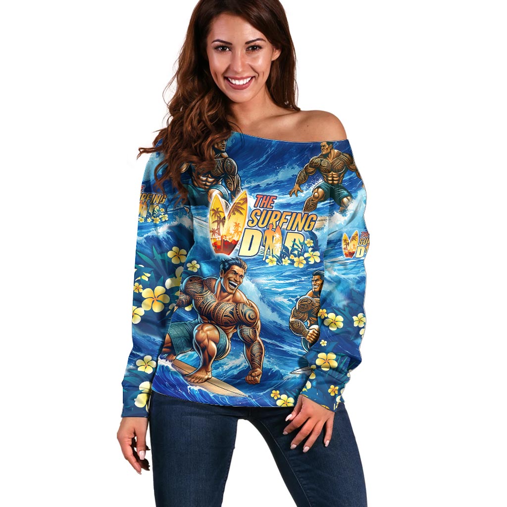 Hawaii Father's Day Off Shoulder Sweater The Surfing Dad Polynesian Tattoo DT02 Women Blue - Polynesian Pride