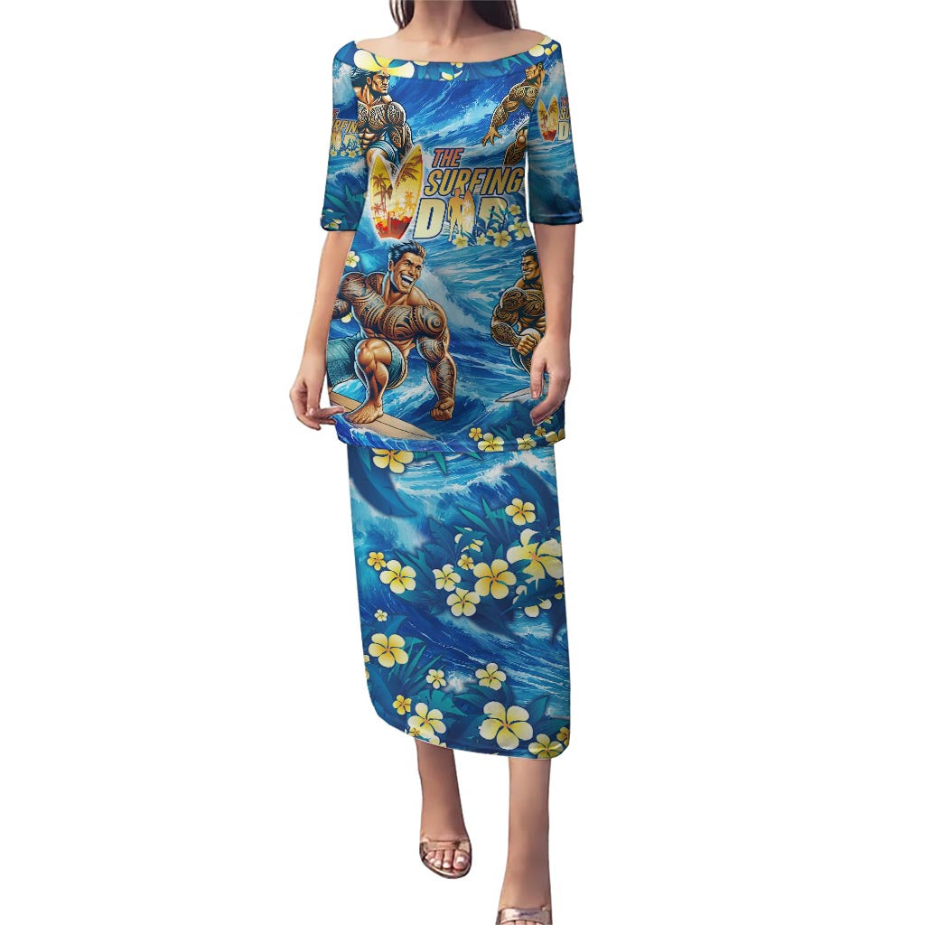 Hawaii Father's Day Puletasi The Surfing Dad Polynesian Tattoo DT02 Long Dress Blue - Polynesian Pride