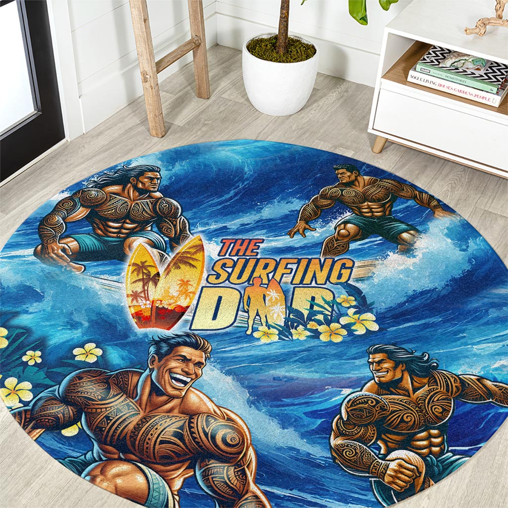 Hawaii Father's Day Round Carpet The Surfing Dad Polynesian Tattoo