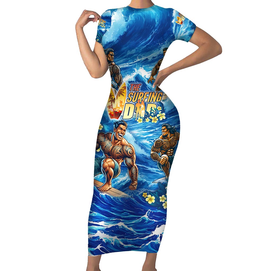 Hawaii Father's Day Short Sleeve Bodycon Dress The Surfing Dad Polynesian Tattoo