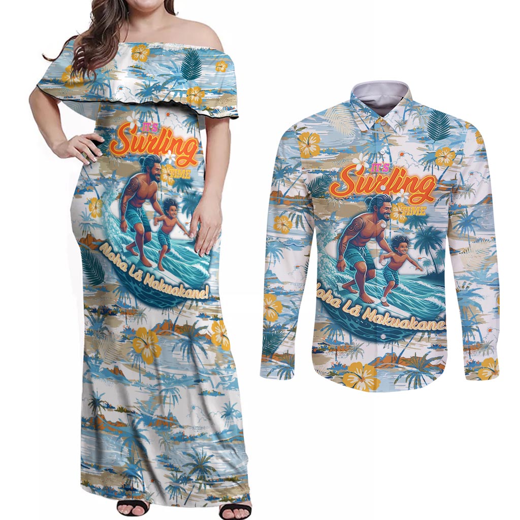 Hawaii Father's Day It's Surfing Time Couples Matching Off Shoulder Maxi Dress and Long Sleeve Button Shirt Aloha Lā Makuakane