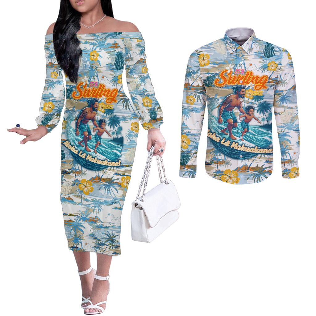 Hawaii Father's Day It's Surfing Time Couples Matching Off The Shoulder Long Sleeve Dress and Long Sleeve Button Shirt Aloha Lā Makuakane