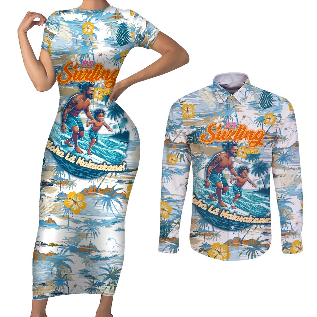 Hawaii Father's Day It's Surfing Time Couples Matching Short Sleeve Bodycon Dress and Long Sleeve Button Shirt Aloha Lā Makuakane