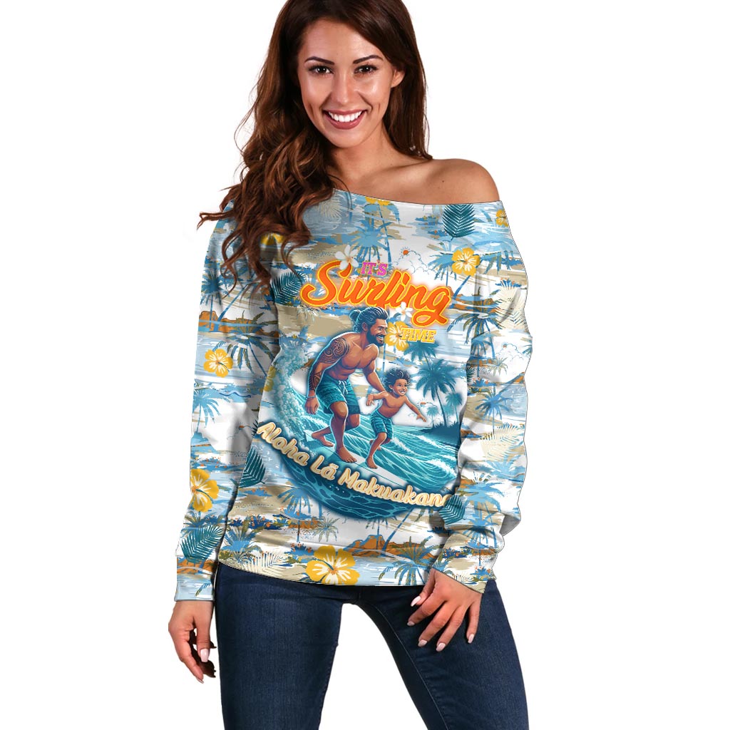 Hawaii Father's Day It's Surfing Time Off Shoulder Sweater Aloha L Makuakane DT02 Women Blue - Polynesian Pride