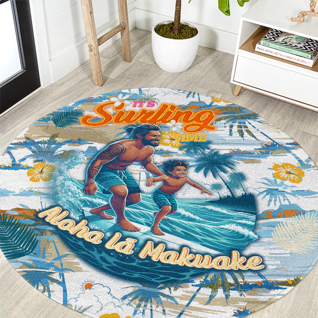 Hawaii Father's Day It's Surfing Time Round Carpet Aloha L Makuakane DT02 Blue - Polynesian Pride
