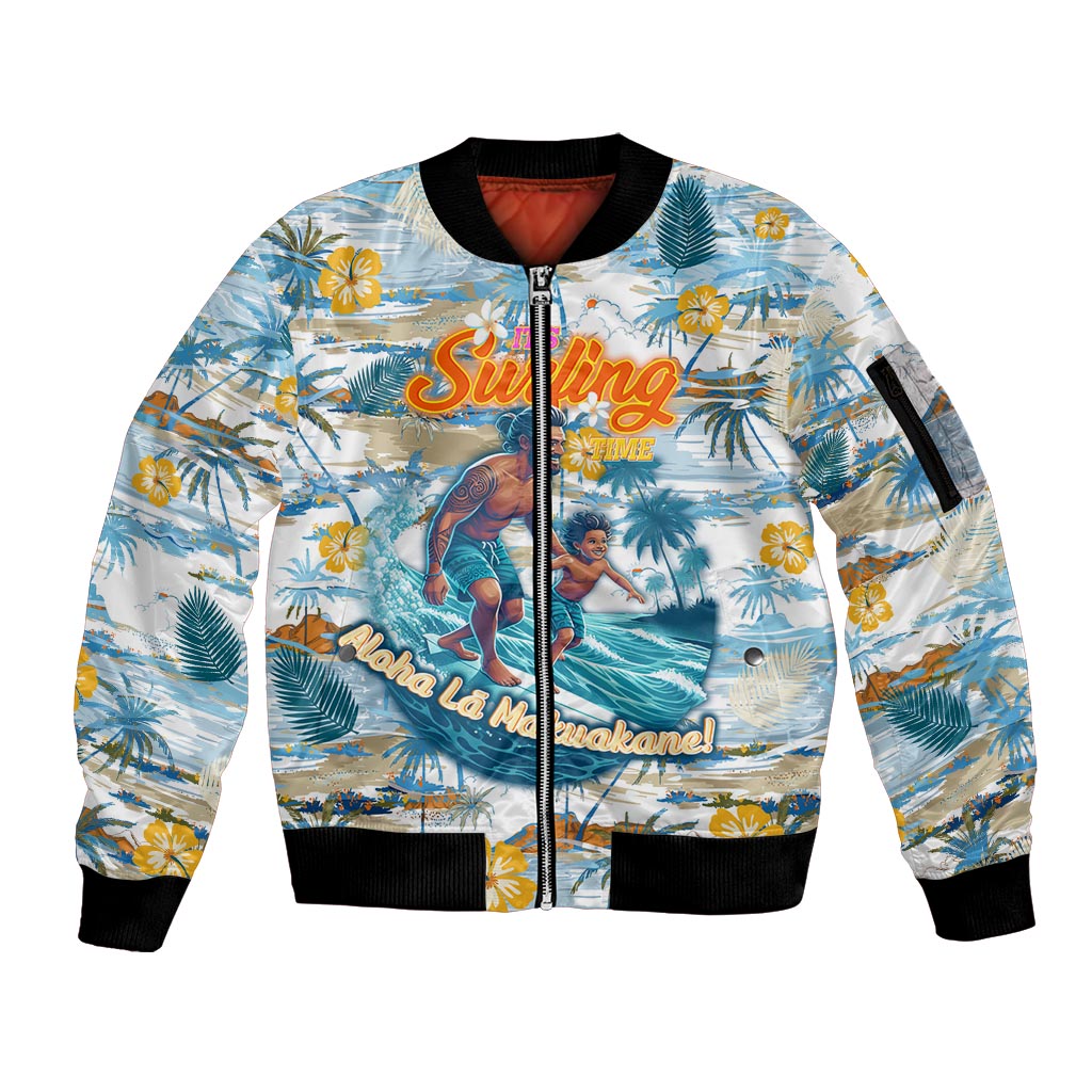 Hawaii Father's Day It's Surfing Time Sleeve Zip Bomber Jacket Aloha L Makuakane DT02 Unisex Blue - Polynesian Pride