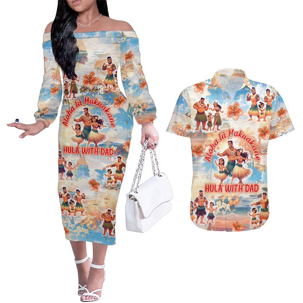 Hawaii Father's Day Couples Matching Off The Shoulder Long Sleeve Dress and Hawaiian Shirt Hula With Dad