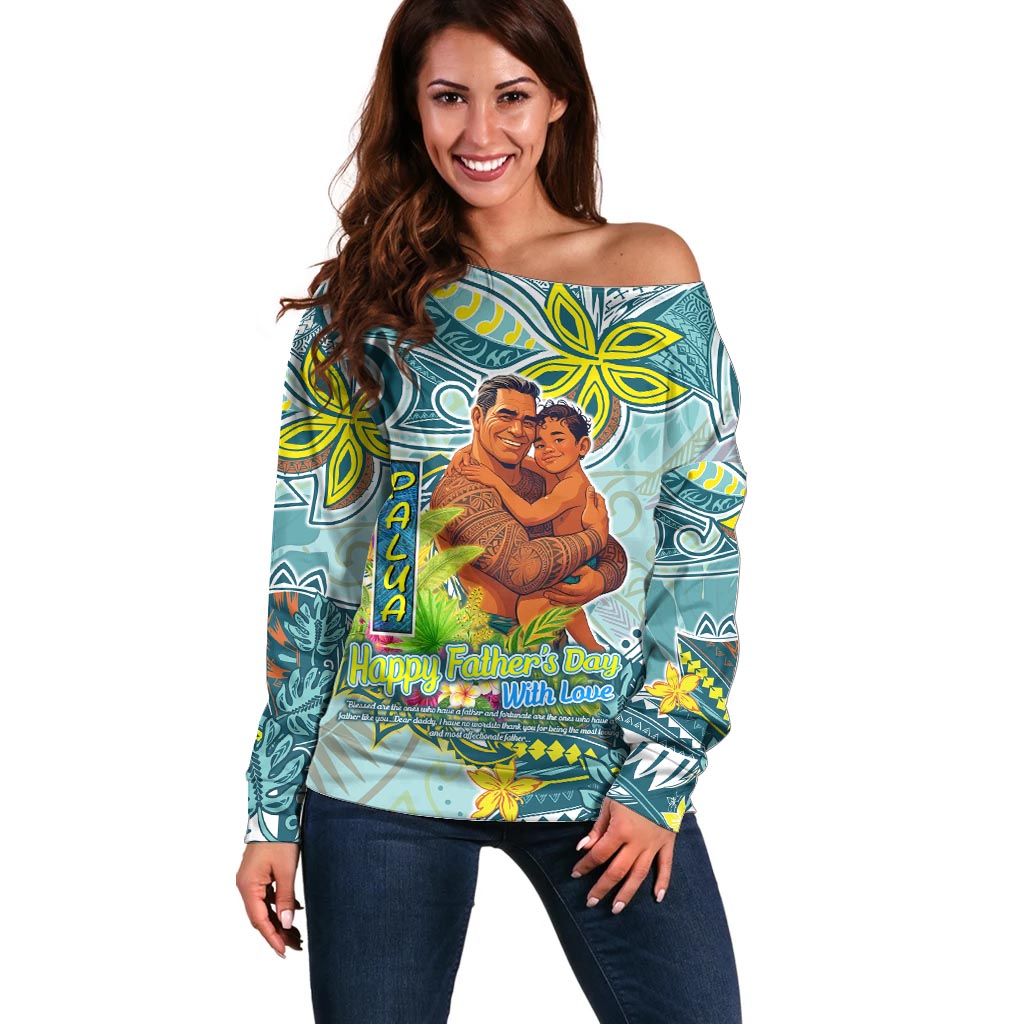 Palau Father's Day Polynesia Off Shoulder Sweater Dad and Son DT02 Women Blue - Polynesian Pride