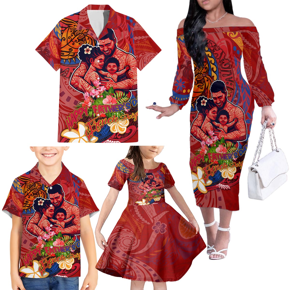 Happy Father's Day French Polynesia Family Matching Off The Shoulder Long Sleeve Dress and Hawaiian Shirt Family Turtle Hibiscus