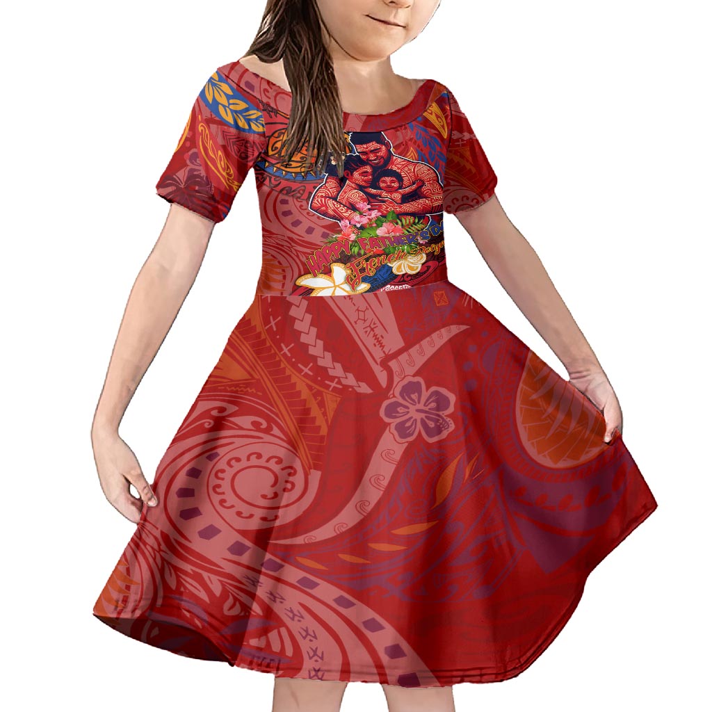 Happy Father's Day French Polynesia Kid Short Sleeve Dress Family Turtle Hibiscus DT02 KID Red - Polynesian Pride