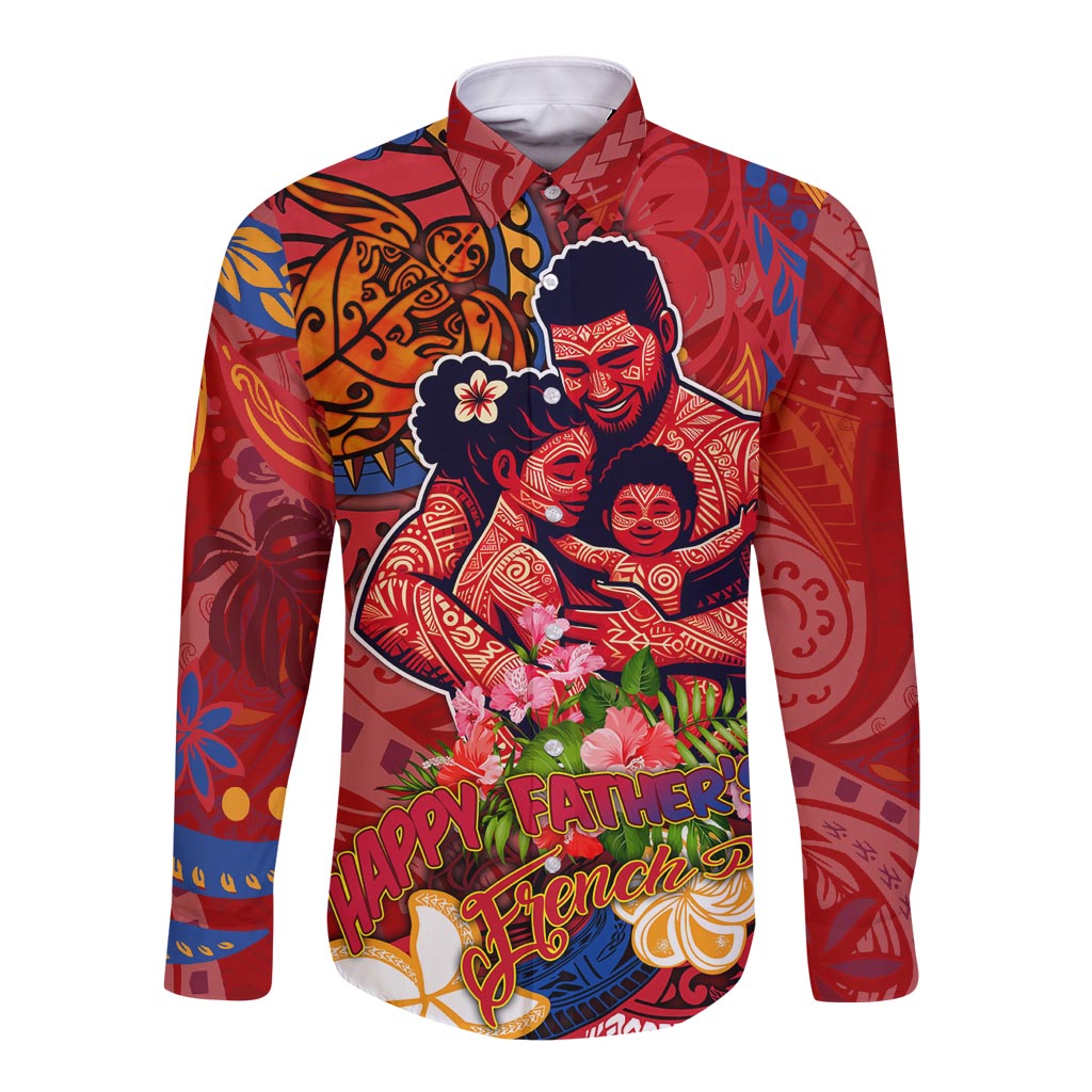 Happy Father's Day French Polynesia Long Sleeve Button Shirt Family Turtle Hibiscus DT02 Unisex Red - Polynesian Pride