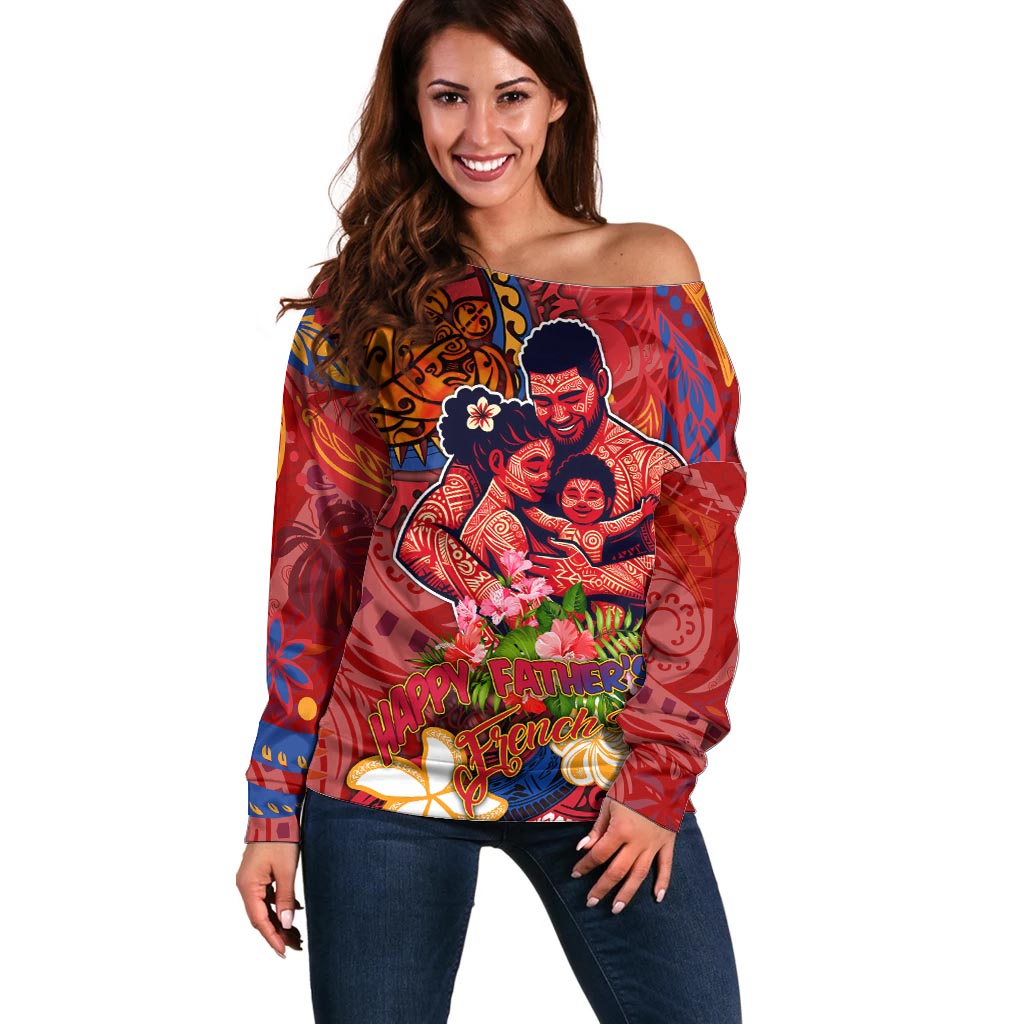 Happy Father's Day French Polynesia Off Shoulder Sweater Family Turtle Hibiscus DT02 Women Red - Polynesian Pride